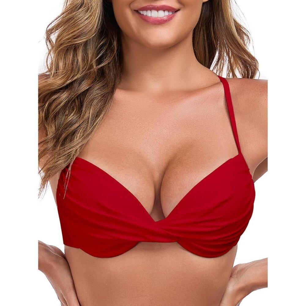 Women's Red Push Up Bikini Tops Ruched Twist Front Underwear Top Swimsuit